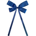 Close-up of a blue satin bow hair clip with long ribbons and a glossy finish - Navy Blue