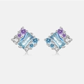 925 silver stud earrings featuring light blue and purple zircon stones in a sleek setting - 925 Silver / Platinum-944