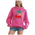 Pink fleece hoodie with Christmas car graphic and drawstring hood for men and women - S / Tops / Pink-Red Car Christmas Tree