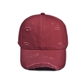Close-up of distressed ripped details on a vintage wine red cotton baseball cap - Adjustable: 56-60cm / Red