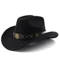Close-up of black suede cowboy hat with brown leather band and silver cross-stitch detail - M (56-58cm) / Black