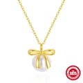 Elegante collar de plata de ley S925 con lazo y perla para mujer en acabado dorado - Dorado
