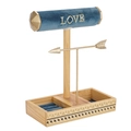 Blue velvet jewelry tower with natural wood base and gold love metal arrow decor - Blue Velvet Wood Style (GRSJX-0215)