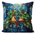 Blue stained glass style Christmas pillowcase with golden bells and holly leaves - Two Bells Stained Glass