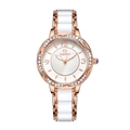 Montre à quartz pour femme avec bracelet en céramique blanche et lunette en strass - Or Rose Blanc