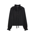 Elegant black long sleeve blouse with ruffled stand-up collar and button-down front - XS / Black