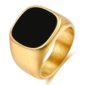 Detail of gold brushed stainless steel signet ring with a square black enamel face - US 7 / Gold