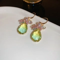 Elegant gold-tone drop earrings with green gradient pear-shaped zircon and flower accents - Style 2 Pear Gradient Zirconia Hooks / Hook Style / Gold-Green