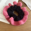 Detail of pink and black pleated knit scrunchie on an elegant wooden background - Hair Tie / Pink & Black