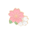 Pink and white cherry blossom enamel brooch with gold metal edges and green leaves - Pink & White Double Sakura