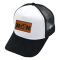 Black and white trucker hat with brown leather MOM patch featuring a cute cow design - MOM / Black+White