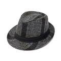 Classic grey plaid fedora hat with vintage pattern and black grosgrain ribbon trim - M (56-58cm) / Gray