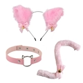Pink plush cat ears headband with matching bell choker and tail cosplay costume set - Pink Cat Ears + Cat Head Choker + Tail
