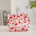 Pink fabric cosmetic bag with cherry and flower prints and drawstring closure - Drawstring Style / Red Cherry