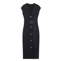 Elegante vestido midi negro sin mangas con cuello en V, botones frontales y cinturón a juego - S / Negro