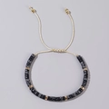 Adjustable natural black stone beaded bracelet with gold spacers and snowflake pattern - Snowflake Obsidian Style Beads-Beige Cord-Single Bracelet