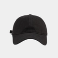 Detailed close-up of a classic black cotton twill six-panel baseball cap with ventilation eyelets - Adjustable / Black
