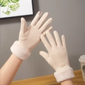 Dettagli di guanti invernali caldi in camoscio beige con polsini in pelliccia e touch - Cachi