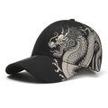 Classic black baseball cap featuring detailed white dragon embroidery on a cotton twill fabric - Black