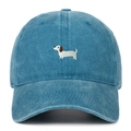 Close-up of blue washed cotton baseball cap featuring detailed dachshund dog embroidery - One Size / Lake Blue