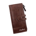 Deep brown long PU leather wallet featuring contrast stitching and snap strap closure - Dark Coffee
