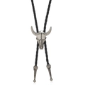 Detail of silver bull skull bolo tie slider with black braided PU leather cord - Antique Silver