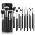 14-teiliges Make-up Pinselset mit weichen Fasern und schwarzem Aufbewahrungsbehälter - 15-teiliges schwarz-silbernes Set mit Eimer