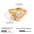 Golden stainless steel ring with two drop-shaped clear zircons in a wavy design - Waterdrop Gem Ring-JDR0302013-7