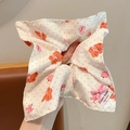 Beige cotton hair scrunchie with bear and heart prints featuring a pink bow accent - Cream Polka Dot Bear Apple