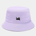 Close-up of lavender cotton bucket hat with black cat embroidery and reinforced stitching - Purple