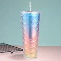 Blue-pink gradient mermaid scale plastic tumbler with matching reusable straw - 24oz / Dreamy Rainbow