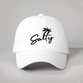 Close-up of Salty palm tree embroidery on a high-quality white cotton baseball cap - One Size / White