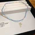 Double-layer necklace with blue frosted beads, white pearls and a bow pendant - 29# Blue Bow Style