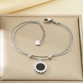 Close-up of silver sunflower opal bracelet with double-layer chain and lobster clasp - Silver Double Layer Sunflower Black Center (KB154071-KFC)