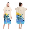 Beige quick-dry hooded beach poncho with blue Hello text and tropical palm tree prints - One Size / Button Style - Simple Summer
