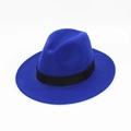 Vue détaillée d'un chapeau fedora en feutre bleu royal avec un ruban noir classique élégant. - Bleu royal avec bande noire