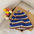 Blau braun beige gestreifter Häkelhut mit hohlem Blumenmuster im Retro-Stil - Patchwork Beige Blau Kaffee / M (56-58cm)