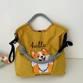 Sac fourre-tout jaune en toile brodée avec motif corgi et bandoulière tissée nouée - Grand Sans Sangle / Corgi Jaune