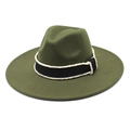 Close-up of olive green wool fedora hat with black grosgrain ribbon and white bead trim - M (56-58cm) / Army Green