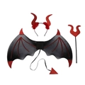 Detail of 4-piece Halloween devil costume set with sequined wings and horns - Universal for Kids and Adults / Black Base Red (Headband, Wings, Tail, Fork)