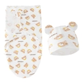 Newborn swaddle wrap and hat set with cute brown bear pattern on soft white fabric - Baby Bear Swaddle + Hat Set