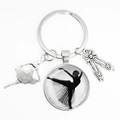 Ballett-Schlüsselanhänger mit Tänzer-Silhouette, Tutu und Spitzenschuhen aus Silber - Schwarz-Weiß-Tänzer-Silhouette