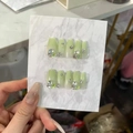 Light green gradient coffin press-on nails decorated with rhinestones and metal beads - HY256 Light Green Gradient Rhinestone