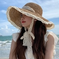 Khaki straw sun hat with white lace trim and elegant ribbon tie for beach sun protection - One Size / Lace Trim with Lace Tie - Khaki