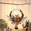Rustic Christmas wreath with Merry Christmas banner and a cute plush reindeer doll - Rattan Large Deer / 45*45*4cm