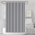 Detail of grey waterproof PEVA shower curtain with metal hooks and natural drape - Gray