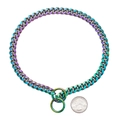 Rainbow cuban link dog collar detail with US quarter coin for 10mm size reference - Colorful