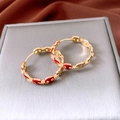 Macro-detail van 18k vergulde varkensneus oorbellen met rood emaille en strass-steentjes - Goud & Rood (925 Zilveren Pin)