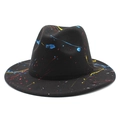 Classic black wool fedora hat featuring artistic colorful paint splatter design with wide brim - M (56-58cm) / Black