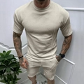 Men's summer casual waffle knit short sleeve t-shirt and shorts set in beige color - Khaki